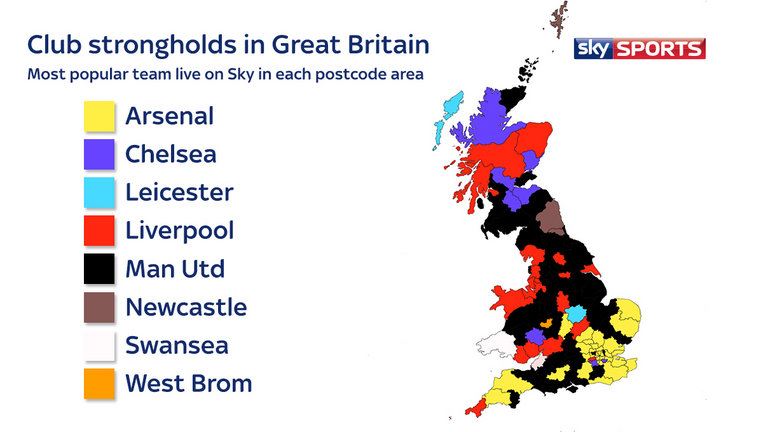 Manchester United fans are spread across the country, while Arsenal have a significant stronghold in the south-east